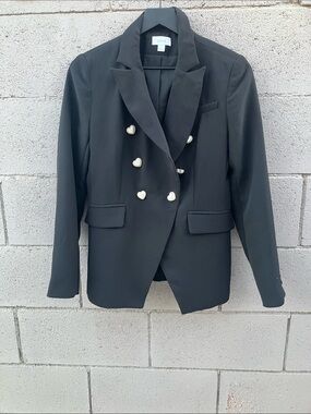 CeCe Black Double-Breasted Blazer with Heart Buttons